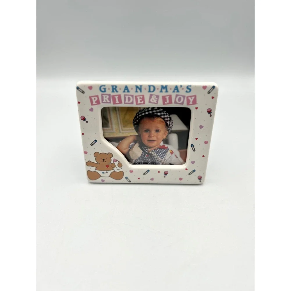Vintage Ganz‎ Ceramic Picture Frame Grandmas Pride and Joy Teddy Bear White Pink
